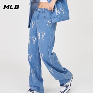 MLB官方 女士老花系列牛仔长裤夏季新款运动裤休闲宽松直筒裤子潮
