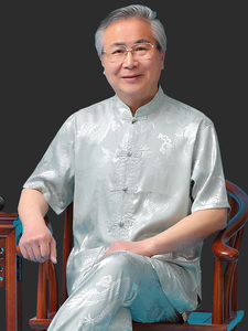 中国风男士短袖唐装夏季薄款丝绸中老年休闲套装运动太极服两件套