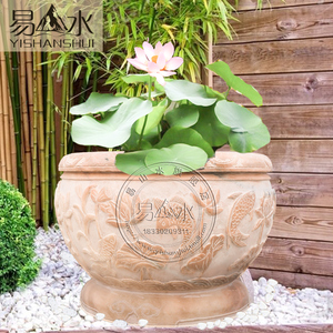 石雕鱼缸石槽鱼缸晚霞红石鱼缸石头圆形鱼缸石槽仿古庭院装饰摆件