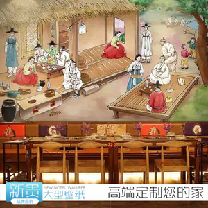 韩式手绘古代人物朝鲜族墙纸怀旧复古民俗风情餐厅壁纸墙面装饰画