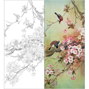 tp406周中耀工笔画樱花白描底稿国画花鸟临摹线描画稿实物打印稿