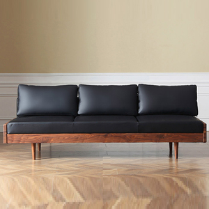 北欧轻奢无扶手沙发小户型日式原木黑胡桃木实木三人真皮沙发牛皮