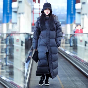 高端精品秋冬新款刘诗诗明星同款黑色时尚保暖连帽长款羽绒服外套