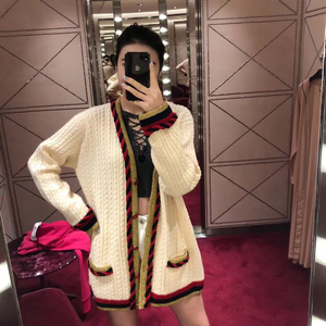 正品代购18新款古奇gucci撞色条纹金色镶边编织开衫v领毛衣外套女