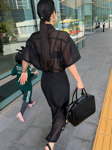 韩国代购 masion-de-nolita2024夏 半透明欧根纱开叉中长半身裙