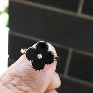 天然翡翠a货墨翠全黑四叶草戒面18金镶嵌女士玉戒指特色戒圈0017