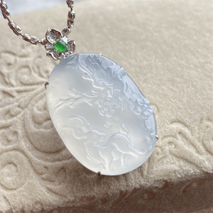 掌中翠翡翠a货18k金镶嵌高冰种起胶鹿牌一路有你一路平安吊坠 028