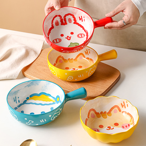 卡通可爱儿童宝宝碗陶瓷碗餐具家用吃饭碗盘子特别好看的碗手柄碗
