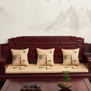 中式棉麻刺绣沙发垫实木椅子坐垫三人位长沙发加厚可拆洗海绵垫子