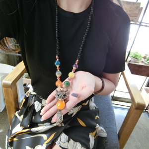 黄蜜蜡狐狸毛衣链可爱吊坠长款脖子彩珠项链衣服挂坠配饰挂件冬女