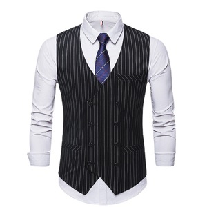个性双排扣黑色细条纹马夹男英伦商务休闲修身西装马褂气质小马甲