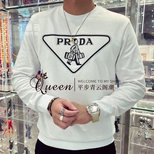 prada普拉达三角标烫钻字母工具小人印花纯棉长袖t恤男圆领卫衣女
