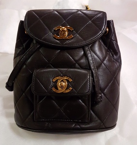 duma中古双肩包香奈儿vintage黑金链条羊皮菱格纹背包女包sbros