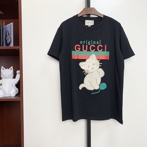 gucci古奇古驰男士圆领短袖t恤刺绣猫咪潮流夏季休闲修身正品代购