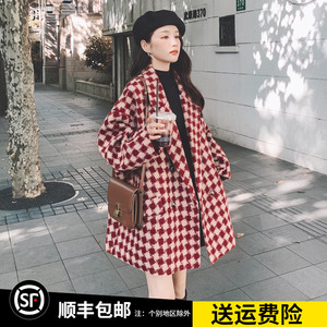 韩版宽松格子西装毛呢外套女加厚学生冬季新款小个子显瘦呢子大衣