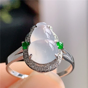 4月新品 鸿玉翡翠18k金镶嵌冰种起光白冰招财葫芦精美戒指a760419