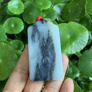 雪倪b22530和田玉(墨玉)籽料青花仿古山水意境牌吊坠挂件细腻油润