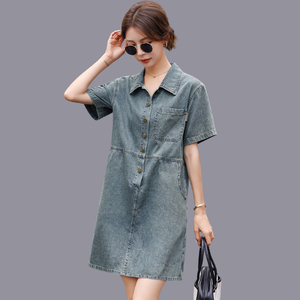 夏季牛仔连衣裙2024韩版女装新款小个子时尚休闲宽松短袖衬衫裙子