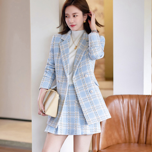 2023新款天蓝色毛呢格子西装外套女秋冬季韩版小个子洋气短裙套装
