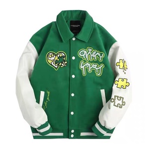 韩国潮牌vintage洋基队棒球服毛呢皮袖夹克男女情侣趣味卡通外套