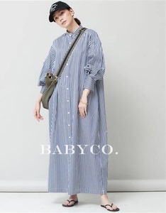 日本贵牌小众设计感法式复古宽松休闲竖条纹长袖衬衫连衣裙长裙