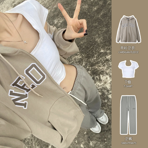 卫衣外套女美式复古棒球服2022露脐装打底t恤宽松运动卫裤撒件套