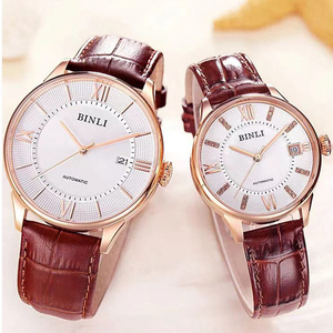 binli宾利情侣手表机械表简约气质真皮防水男女表品牌正品6059