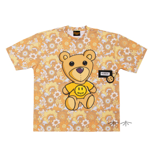 drew house 比伯笑脸满印花卉小熊男短袖女t恤纯棉情侣宽松休闲夏