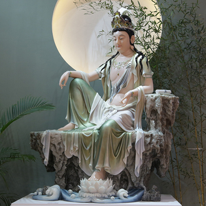 汉白玉水月自在大观音佛像供奉家用寺庙彩绘观自在菩萨中式摆件