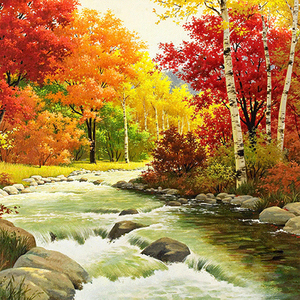 小幅风景画钻石画河边树林秋景贴钻十字绣卧室客厅田园风钻石绣画
