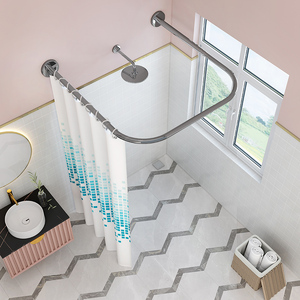 浴帘套装u形浴室免打孔淋浴弧形杆卫生间防水隔断帘u型伸缩浴帘杆