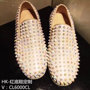 欧美clνj男鞋低帮铆钉红底鞋情侣款珍珠满钉乐福鞋一脚蹬女板鞋