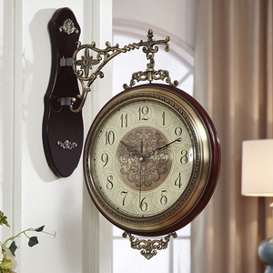 爱时达实木欧式双面挂钟金属钟美式创意两面钟表客厅静音装饰壁钟