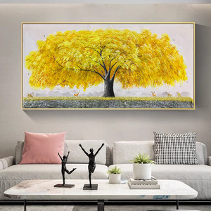 客厅沙发纯手绘摇钱树油画金色发财树横版大幅立体现代轻奢装饰画