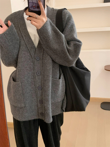 此外 秋冬加厚V领毛衣外套女新款中长款纯色针织开衫韩版保暖上衣