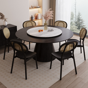 北欧侘寂风高端白蜡木纯实木餐桌圆桌小户型家用圆形餐桌椅黑色