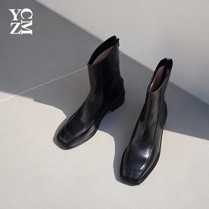 【YZCM】精致~手工鞋@法式粗跟短靴女复古真皮女士方头单靴骑士靴