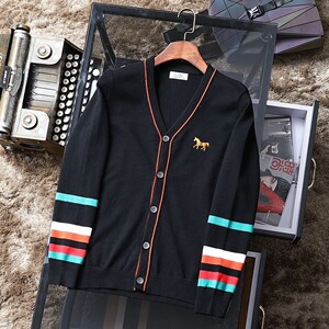 hermes爱马仕新款骏马刺绣拼色开衫毛衣外套休闲时尚针织上衣男装