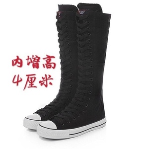 女鞋超长高帮帆布鞋长筒布鞋学生休闲板鞋黑白色男女靴高筒编舞鞋