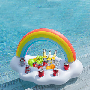 现货充气彩虹云朵五孔杯座pvc塑胶沙滩杯托水上漂浮沙拉饮料托盘