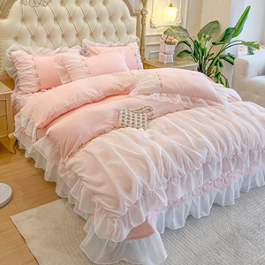 轻奢法式雪纺边四件套全棉高级感仙女床盖款床上用品纯色床单被套
