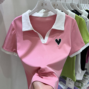 爱心刺绣粉色polo衫女2022夏新款设计感小众短袖t恤正肩短上衣服