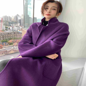 紫色水波纹双面羊绒大衣女中长2021秋冬新款系带毛呢呢子羊毛外套