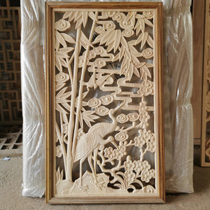 东阳木雕实木镂空雕花屏风客厅隔断入户玄关背景墙竹报平安通花板