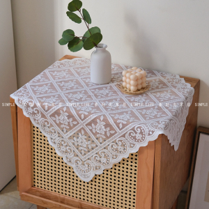 ins复古方格子玫瑰钩花蕾丝桌布茶几床头柜盖布沙发巾桌垫背景布