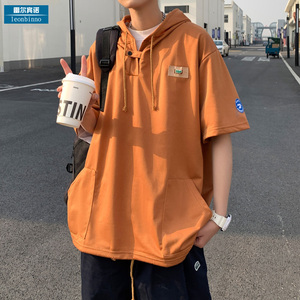 咖啡色连帽短袖T恤男夏季美式复古潮牌潮流设计感卫衣青少年半袖