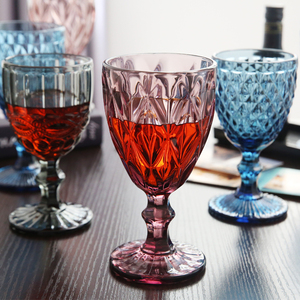 复古红酒杯彩色玻璃高脚杯创意葡萄酒杯加厚浮雕饮料杯家用果汁杯