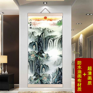 新中式入户玄关装饰画八方来财山水画客厅背景墙挂画防水油画布画