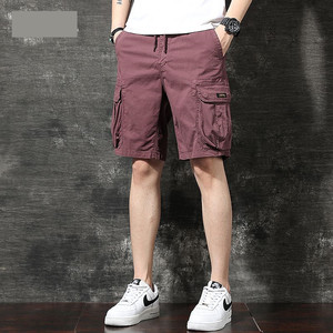夏季新款紫红色工装短裤男薄款宽松直筒多口袋机能运动五分马裤