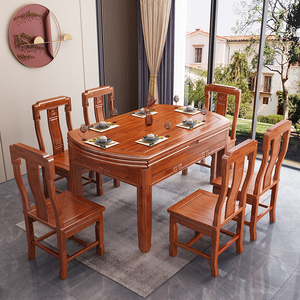 花梨木中式客厅餐桌椅跳台方圆两用可伸缩折叠菠萝格实木饭桌家用